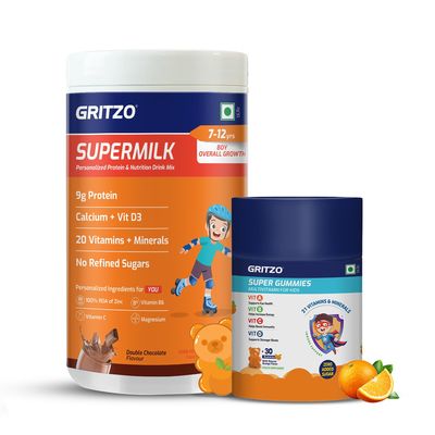 Gritzo SuperMilk Overall Growth (7-12y Boys), 9g Protein Powder (Double Chocolate, 400g) | Zero Refined Sugar, 20 Vitamins & Minerals with Super Gummies (Natural Orange Flavour, 30 Gummies)