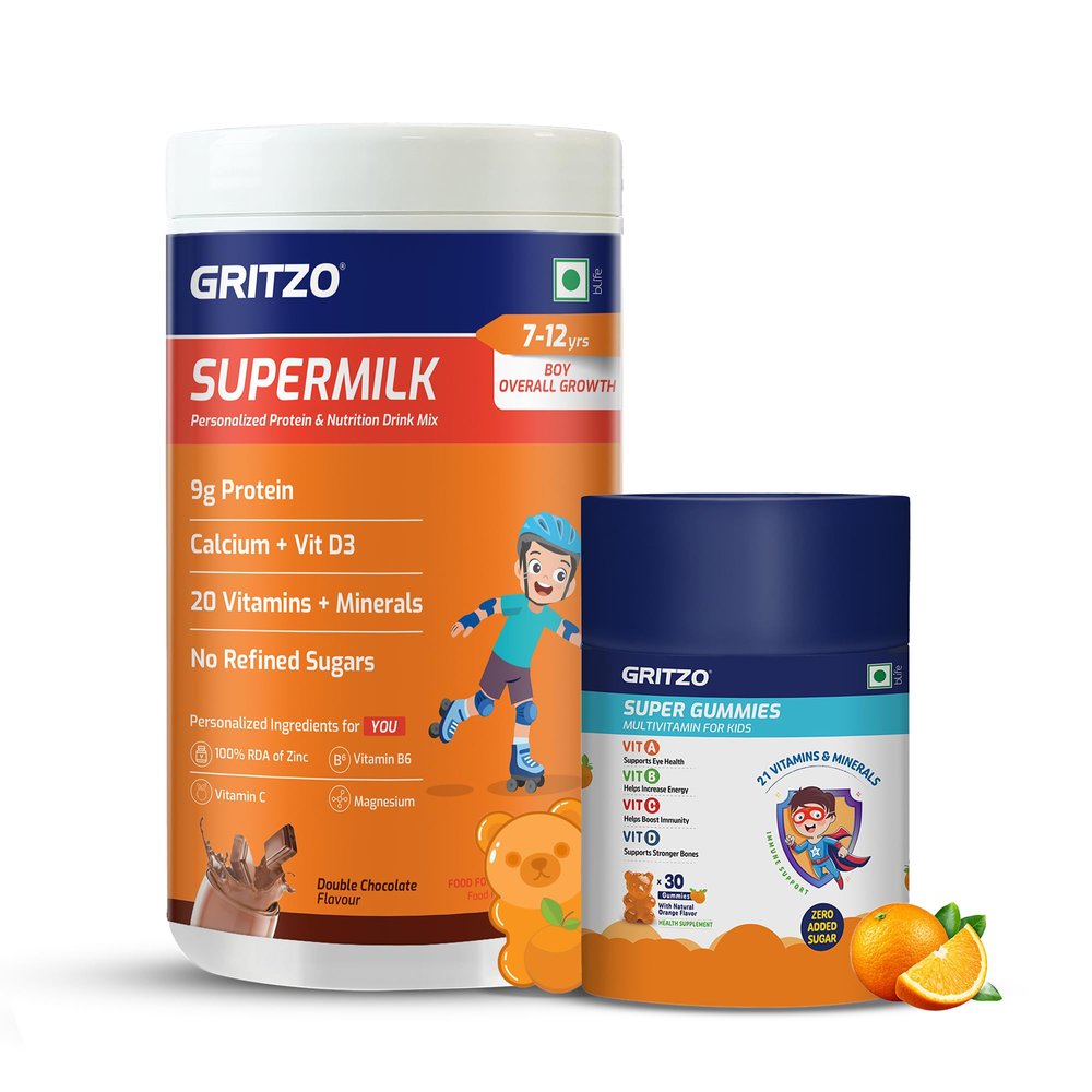 Gritzo SuperMilk Overall Growth (7-12y Boys), 9g Protein Powder (Double Chocolate, 400g) | Zero Refined Sugar, 20 Vitamins & Minerals with Super Gummies (Natural Orange Flavour, 30 Gummies)