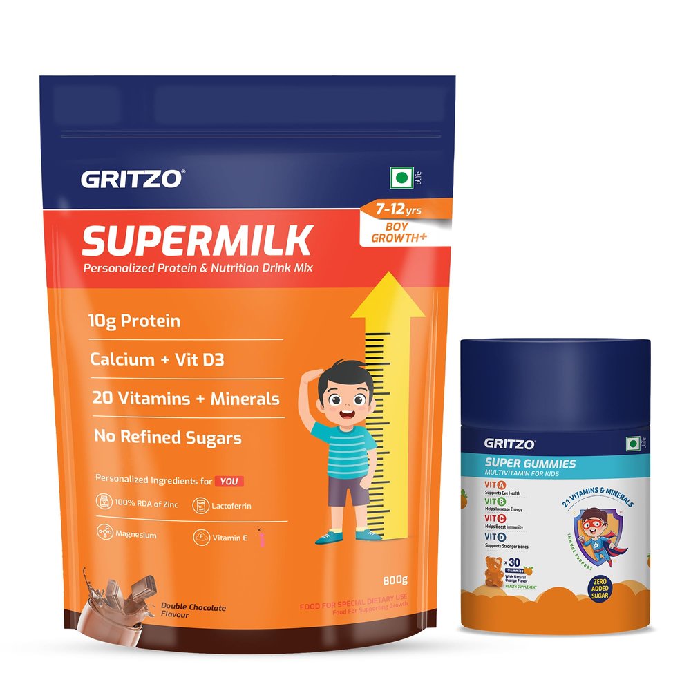 Gritzo SuperMilk Growth+ (Formerly Height+) (7-12y Boys) (Double Chocolate, 800g) with Super Gummies (Natural Orange Flavour, 30 Gummies) | Pack of 2