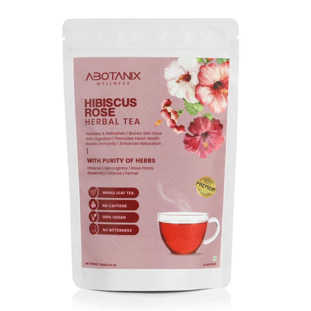 ABOTANIX HIBISCUS ROSE Tea 75g, Premium Tea with Hibiscus, Lemongrass, Rose Petals, Rosemary, Fennel, Helps in Skin Glow, Promotes Heart Health, Stress Relief & Caffeine Free (Zipper Packing)