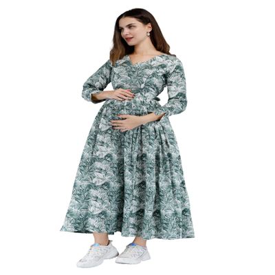 Women's Cotton Fabric V Neck 3/4 Sleeves Floral Printed Maternity Kurti with Side Zipper (Dark Green -M)