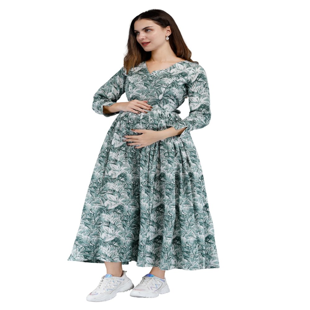 Women's Cotton Fabric V Neck 3/4 Sleeves Floral Printed Maternity Kurti with Side Zipper (Dark Green -M)