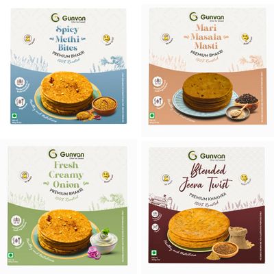 Gunvan Spicy Methi Bhakri, Fresh Creamy Onion Bhakri, Blended Jeera Twist Khakhra, & Spicy Mari Masala Bhakri (Each 180gm Pack of 4)