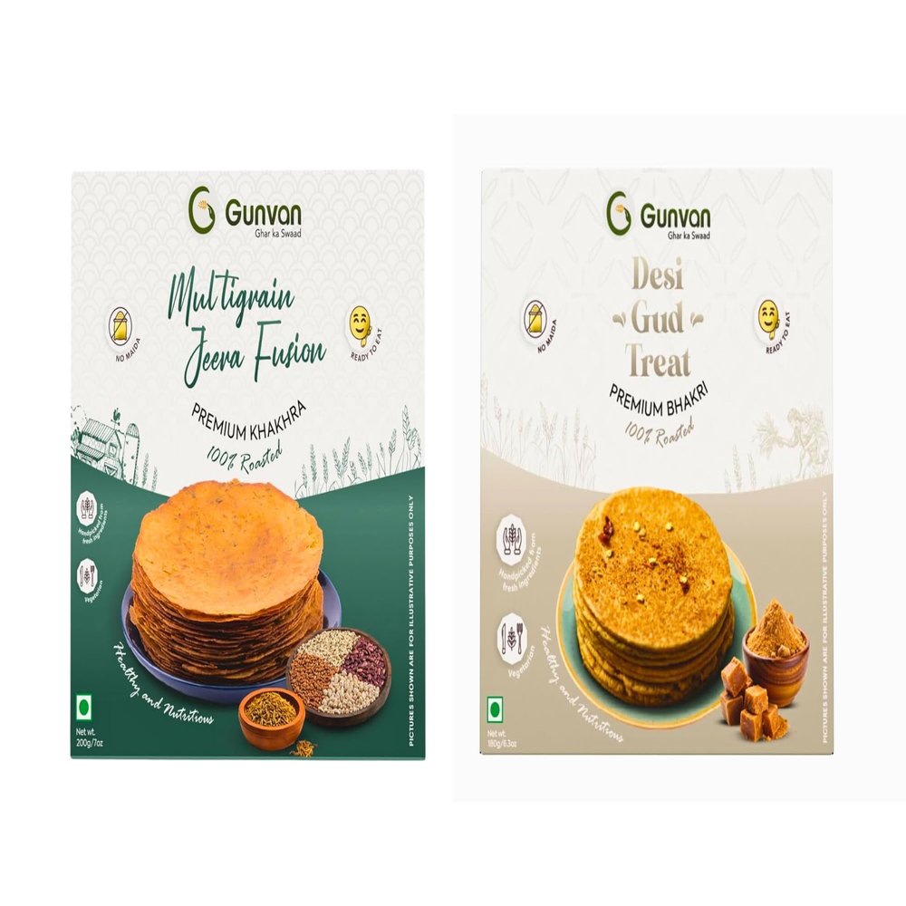 Gunvan Multigrain Jeera Fusion Khakhra 200gm With Desi Gud Treat Bhakri 180gm Sweet & Crispy Roasted Snack Pack of 2