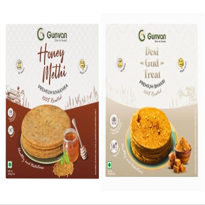 Gunvan Honey Methi Khakhra 200gm With Desi Gud Treat Bhakri 180gm Sweet & Crispy Roasted Snack Pack of 2