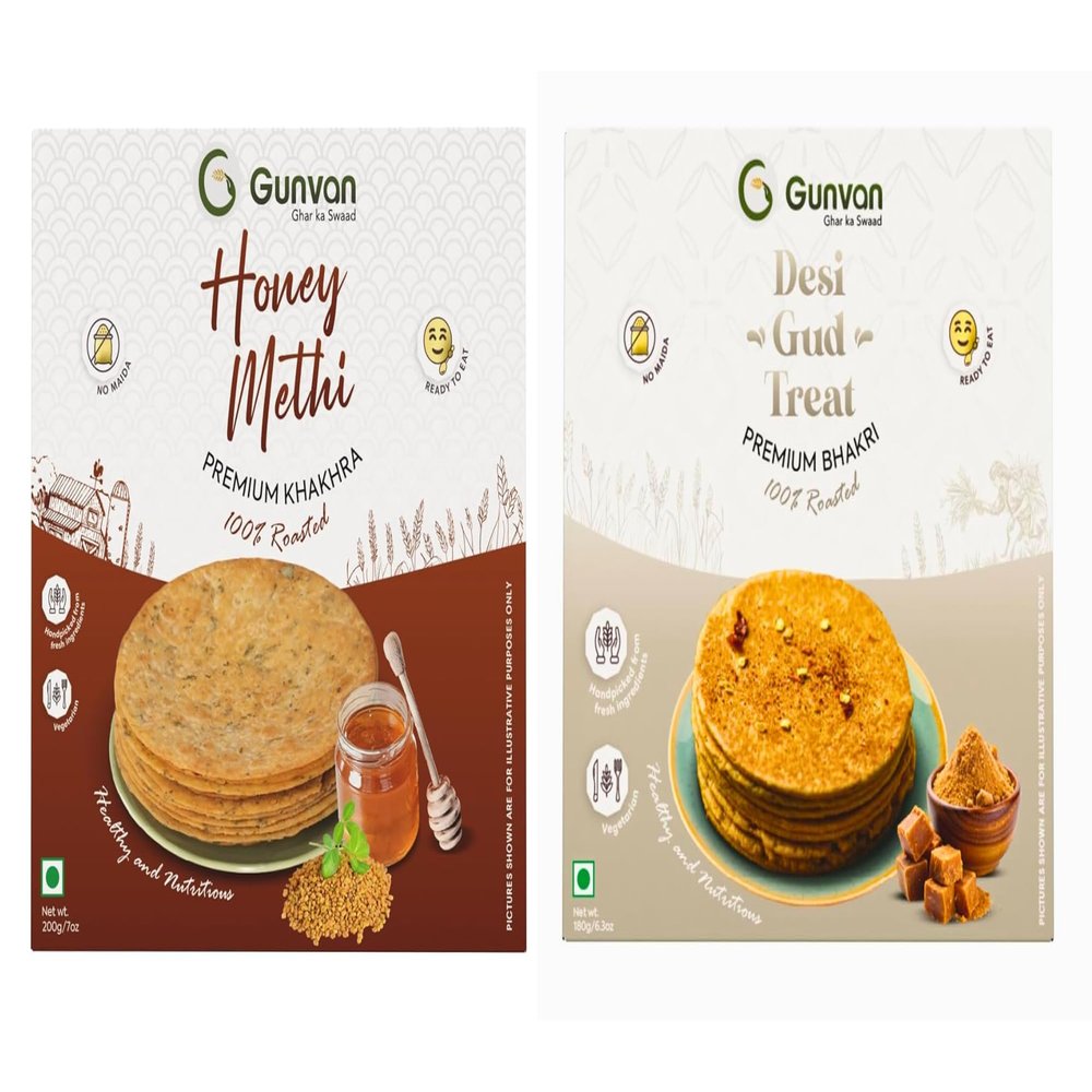 Gunvan Honey Methi Khakhra 200gm With Desi Gud Treat Bhakri 180gm Sweet & Crispy Roasted Snack Pack of 2