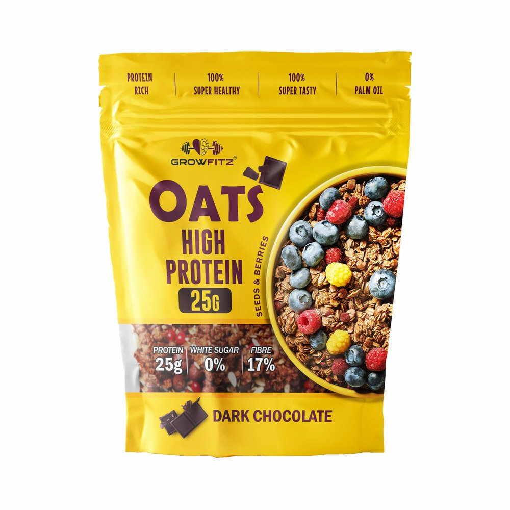 Growfitz 25g High Protein Oats 800 Gram, Pack of 1 | Dark Chocolate Oatmeal | 17g Fiber, No Sugar, With Almonds, Raisin, Pumpkin and Chia Seeds & Healthy Fats | Super Rolled Oats | Breakfast Cereals