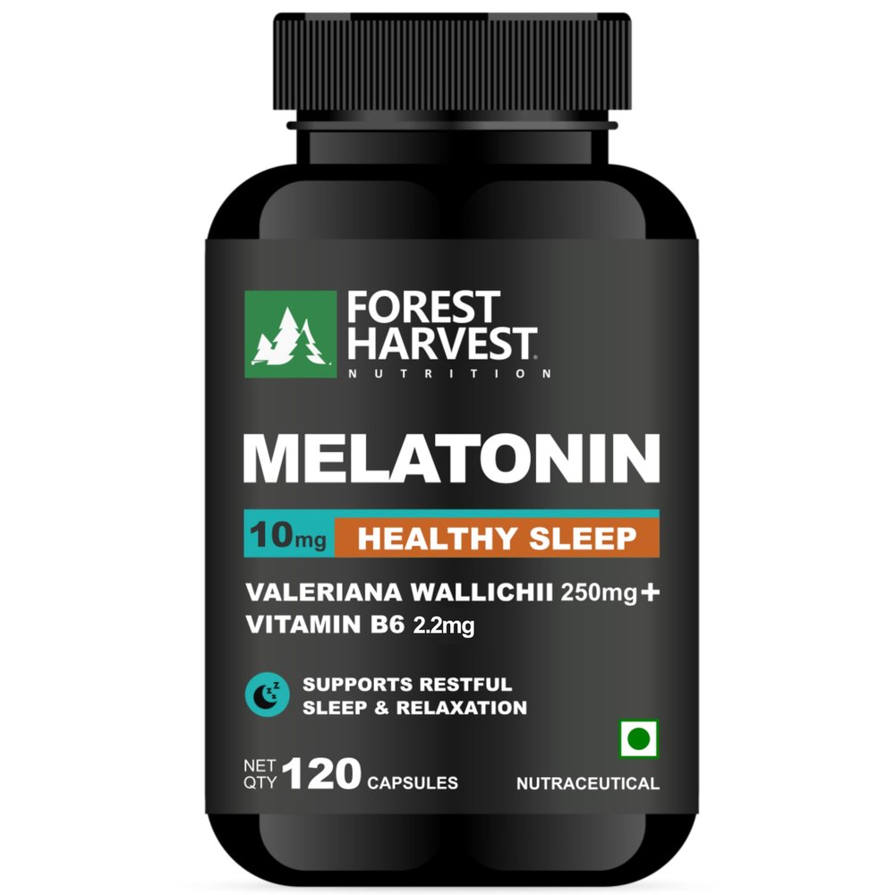 Forest Harvest Nutrition Melatonin 10 mg with Valeriana Wallichii Root Extract 125 mg & Vitamin B6 | 120 Capsules | Supports Sleep and Relaxation | WHO-GMP, ISO, HACCP & FSSAI Certified