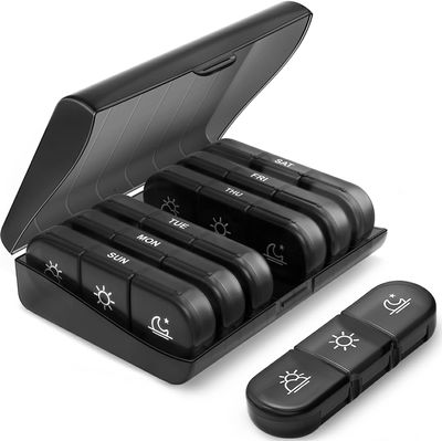 Bitnex Weekly Pill Organizer 3 Times a Day, Portable Travel Pill Box 7 Day with Large Pill Containers, moisture-proof Pill Case for Vitamins, Medication, Supplements and Fish Oils (Black) (7 days Medicine Box)