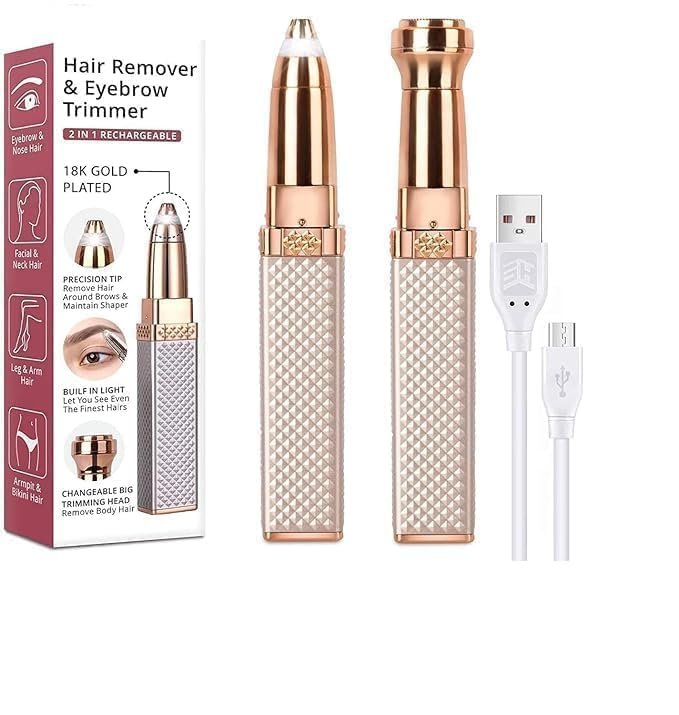 Fexnora 2-in-1 Eyebrow Trimmer for Women - Facial Hair Remover Machine For Women - Eyebrows, Face,Upper Lips,and Nose Hair Remover, USB RECHARGEABLE Epilator With Indicator Light (Gold Colour)