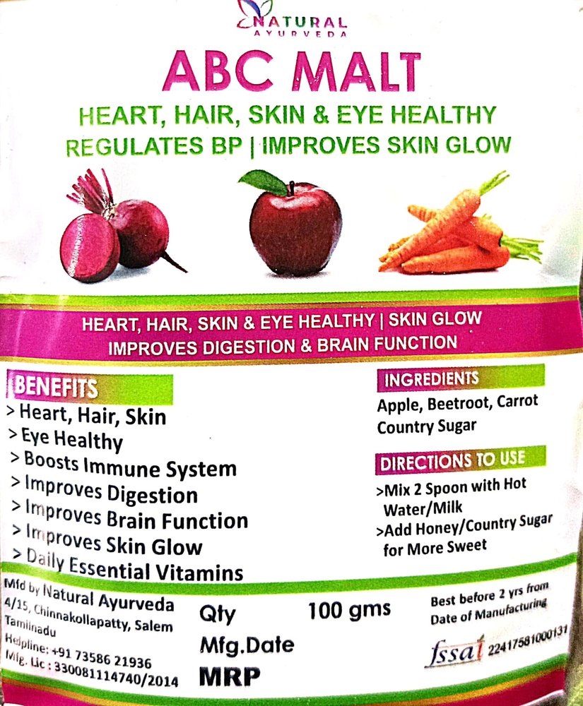 NaturalAyurveda ABC Malt, 100g, Heart Hair Skin Health Supplement with Apple Beetroot Carrot
