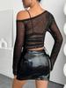 MIPPO Ladies Black Sequined Mesh Asymmetric Collar Long Sleeve T-Shirt Top view 2