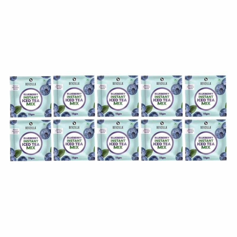 Bevzilla Blueberry Instant Iced Tea Mix Pack of 10 (15gm Each) | Delicious & Hydrating | Quick to Prepare | Cool & Refreshing Summer Beverage
