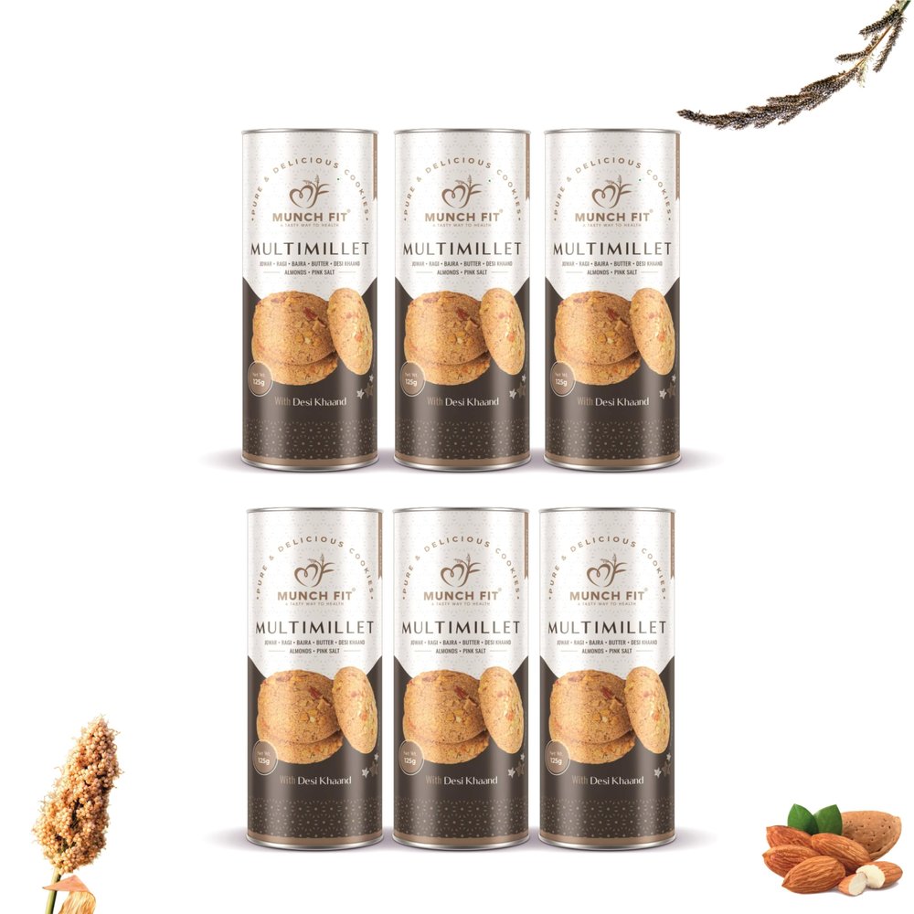 Munch Fit Healthy Multimillet Cookies 125gm Pack of 6 | Egg Less Cookies Made Desi Khand with Jowar Ragi Bajra Cookies | Gluten Free, No Maida, No Added Sugar | 100% Natural Crunchy Snacks