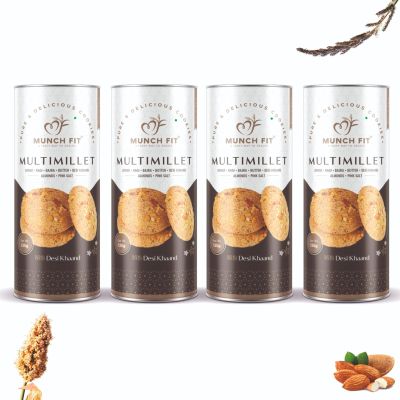 Munch Fit Healthy Multimillet Cookies 125gm Pack of 4 | Egg Less Cookies Made Desi Khand with Jowar Ragi Bajra Cookies | Gluten Free, No Maida, No Added Sugar | 100% Natural Crunchy Snacks
