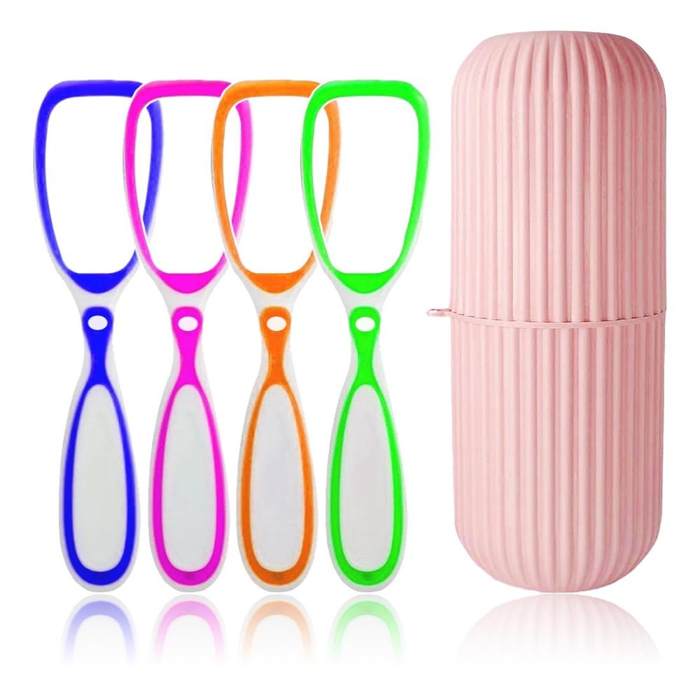 Fealtin Pack of 4 Tongue Cleaner with capsule holder for Travel, portable capsule shaped tooth brush, tooth paste storage plastic case, flexible design for health, brush scrapper Oral care tool