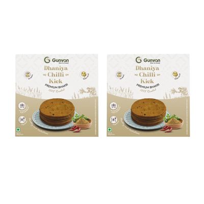 Gunvan Bhakri Bites Crispy & Roasted Snack | Traditional Indian Flavors | Healthy & Guilt-Free | 180g (Pack of 2, Dhaniya Chilli Kick Bhakri)