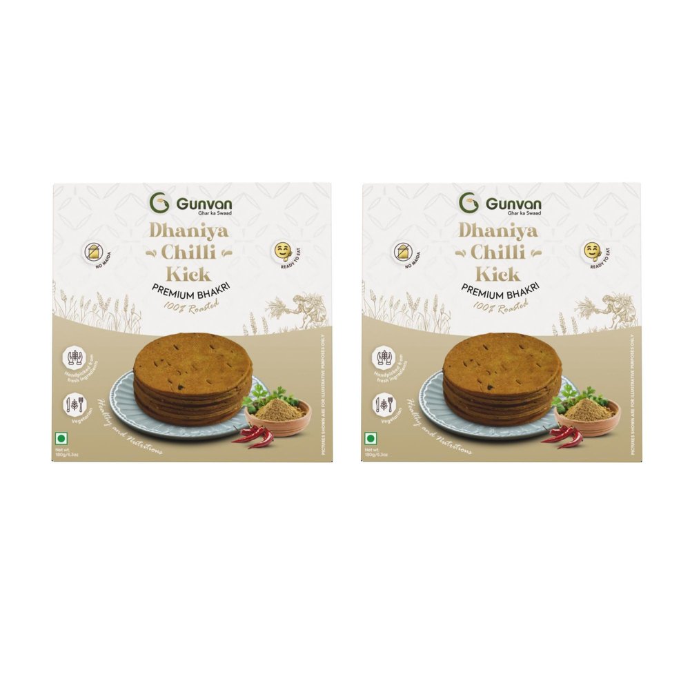 Gunvan Bhakri Bites Crispy & Roasted Snack | Traditional Indian Flavors | Healthy & Guilt-Free | 180g (Pack of 2, Dhaniya Chilli Kick Bhakri)