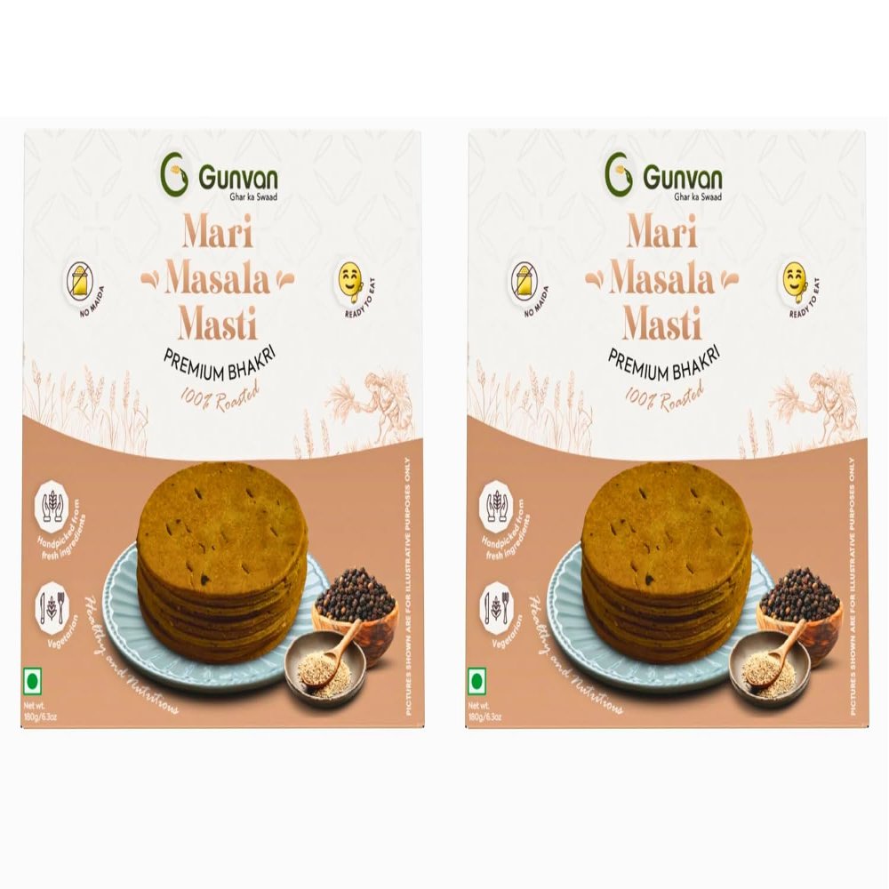 Gunvan Spicy Mari Masala Bhakri Crispy, Peppery & Roasted Snack | Perfect for Chai & Munching | (Each 180 gm Pack of 2)
