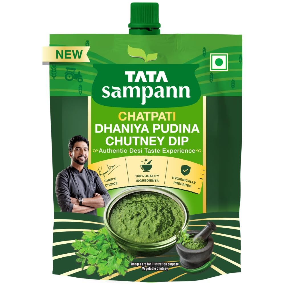 Tata Sampann Chatpati Dhaniya Pudina Chutney Dip, Made with Fresh Coriander and Mint, Tangy and Flavorful, Ready to eat, Pairs well with Parathas, Chaats & Snacks, Quality Ingredients, Hygienically Prepared, 200 g
