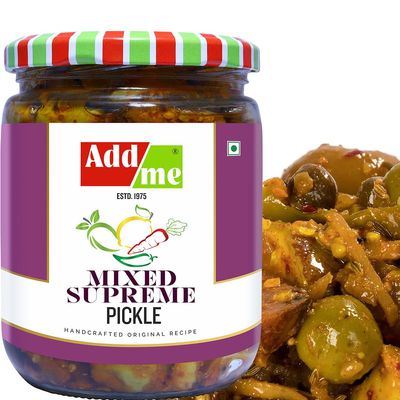Add me Mixed Supreme Pickle Homemade Taste Mix Rajasthani marwadi Pickles Achar aam Mango Chilli Lemon Carrot ker Ginger karonda lasoda Fruit Mix 500gm Glass Pack, Spiced Pickle Tangy Flavor, 500g Jar