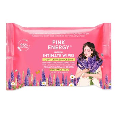 Pink Energy Natural Intimate Wipes | pH Balanced Gentle Hygiene | Dermatologically Tested | Biodegradable & Soft Cleansing Support | Odor Control & Freshness | Safe Daily Care for Women | Travel-Friendly Pack | With Lavender, Tea Tree & Aloe Vera