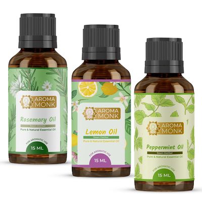 Aroma Monk Essential Oil - Rosemary, Lemon & Peppermint (Focus & Productivity Combo) | Diffuser Oils for Home & Office | 100% Pure, Long-Lasting Aromatherapy Oils for Bright, Citrusy Aroma | Traditionally Distilled in Kannauj - (Pack of 3) 15ml Each
