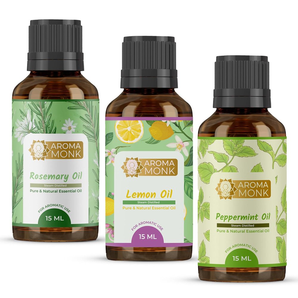 Aroma Monk Essential Oil - Rosemary, Lemon & Peppermint (Focus & Productivity Combo) | Diffuser Oils for Home & Office | 100% Pure, Long-Lasting Aromatherapy Oils for Bright, Citrusy Aroma | Traditionally Distilled in Kannauj - (Pack of 3) 15ml Each
