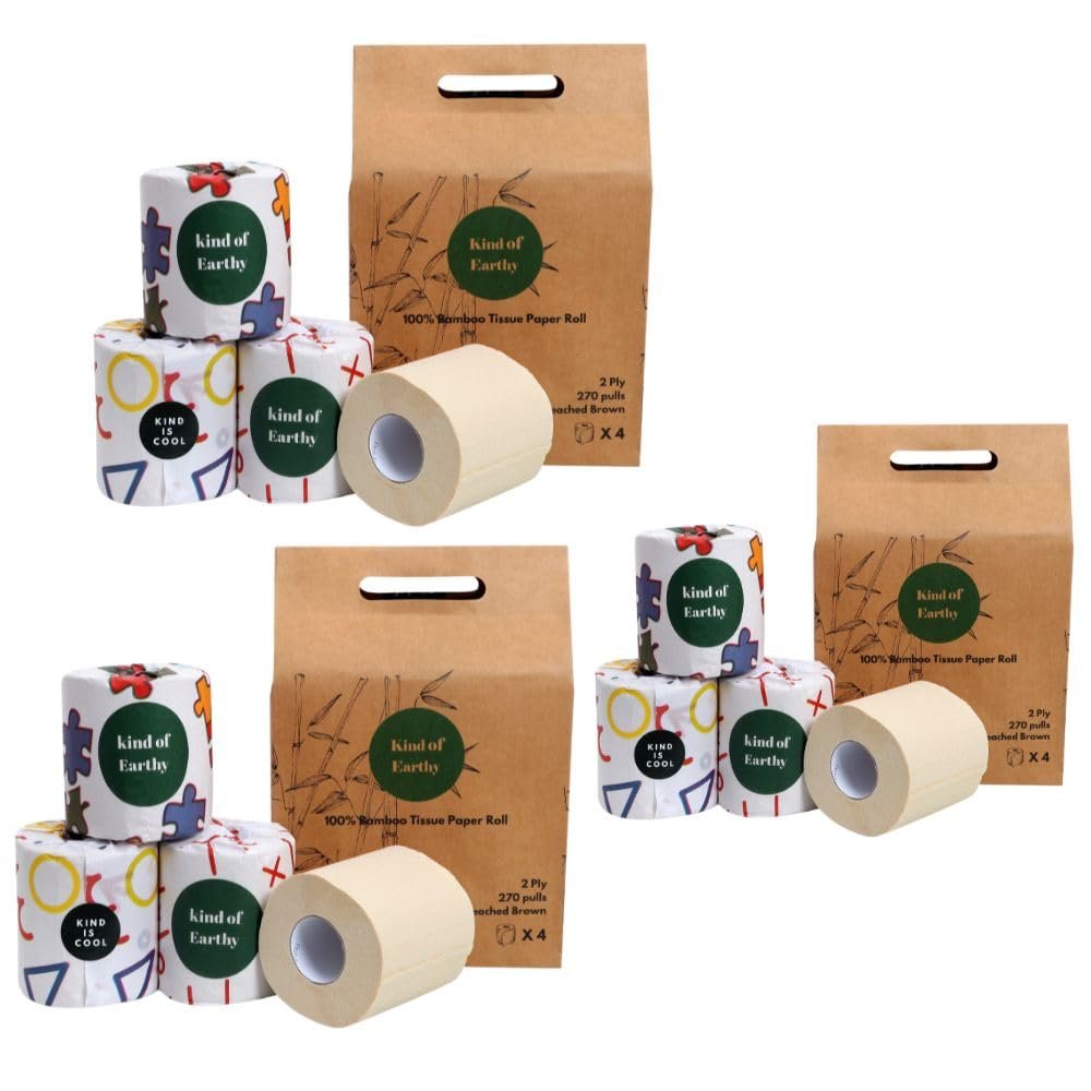 Kind of Earthy Bamboo Toilet Tissue Paper Roll, 2-Ply, 270 Pulls, Pack of 12, Fun Colourful Design,Biodegradable, Chemical-Free, Soft and Strong. Tree Free Bathroom Tissue Made with Bamboo Pulp (12)