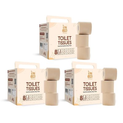 IMECO Bamboo Toilet Tissue Rolls 5280 Pulls (Pack of 3, 220 x 8 Rolls) 3-Ply Unbleached Toilet Paper | 100% Natural & Eco-Friendly | Soft & Highly Absorbent Tissues | Hypoallergenic