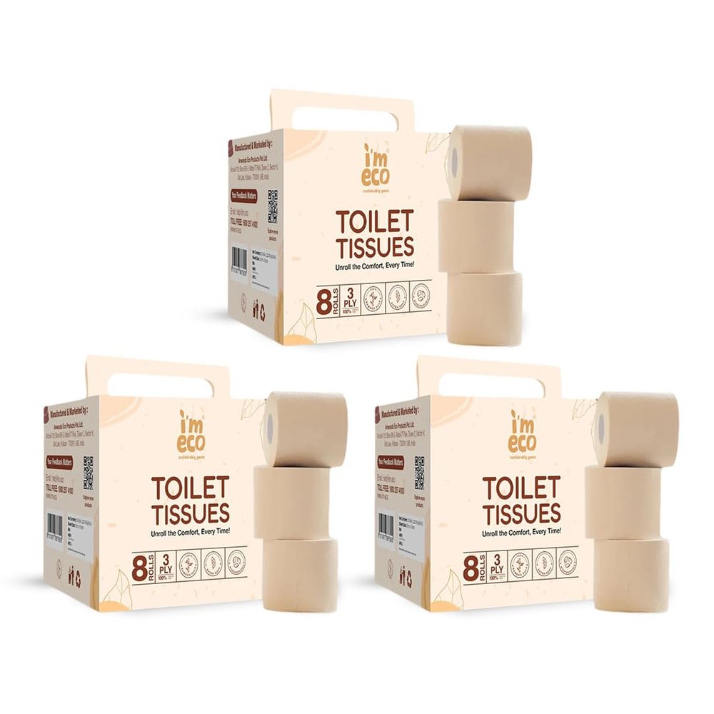 IMECO Bamboo Toilet Tissue Rolls 5280 Pulls (Pack of 3, 220 x 8 Rolls) 3-Ply Unbleached Toilet Paper | 100% Natural & Eco-Friendly | Soft & Highly Absorbent Tissues | Hypoallergenic