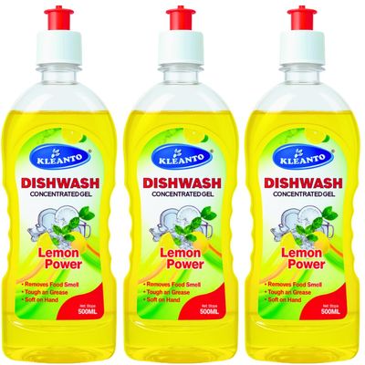 Dishwash Gel - 500 ml Each (Pack of 3), Lemon | Dishwash Liquid | Cuts Through Grease | Safe On Hands | Grease Cleaner For All Types of Utensils | Brand - Kleanto