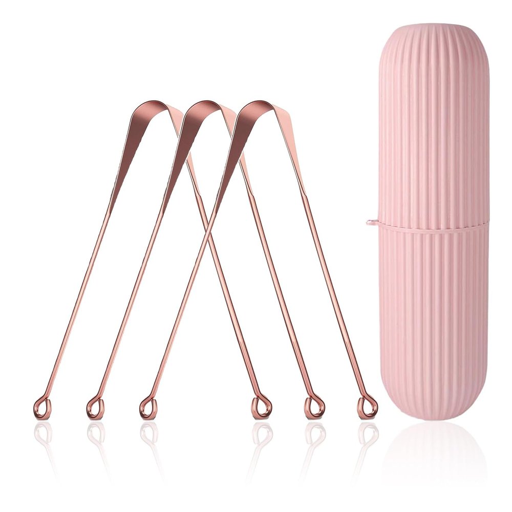 Fealtin 3Pcs Ayurvedic Copper Tongue Cleaner for Kids & Adults Easy to Use With Travel Capsule Plastic Tooth Brush Paste Holder Flexible Design for Health, Oral Care Tool -3 Pack