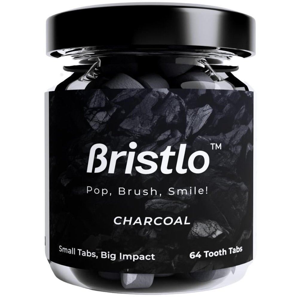 Bristlo Toothpaste Tablets, Charcoal Mint, 64 Tablets, Natural Teeth Whitening Formula, Cavity Protection, Eco-Friendly, Plastic Free Packaging, Travel Friendly, Ayurvedic, Anti Plaque, Made in India