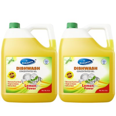 Dishwash Gel - 5 Liter Each Refill Can, Lemon | Pack of 2 | Dishwash Liquid | Cuts Through Grease | Safe On Hands | Grease Cleaner For All Types of Utensils | Brand - Kleanto