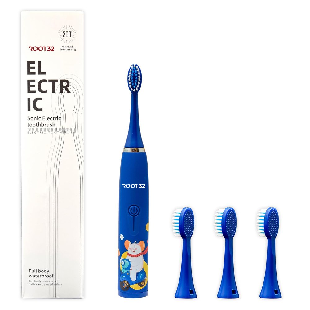 Root32 Kids Electric Sonic Rechargeable Toothbrush, 4 Brushing Modes, 1 Year Warranty, IPX Class 6 Waterproof, Dupont Bristles |360 Deep Cleaning, Waterproof |Blue