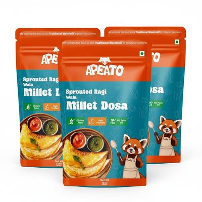Apeato Sprouted Ragi Millet Dosa Mix Pack of 3 - Breakfast Mix | Quick Breakfast | Instant Ready to Cook Mix | Ready-To-Make South Indian Breakfast Each150 gm
