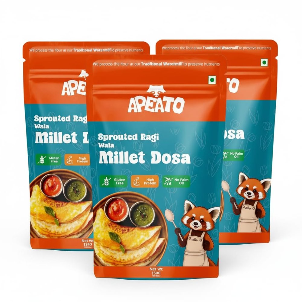 Apeato Sprouted Ragi Millet Dosa Mix Pack of 3 - Breakfast Mix | Quick Breakfast | Instant Ready to Cook Mix | Ready-To-Make South Indian Breakfast Each150 gm