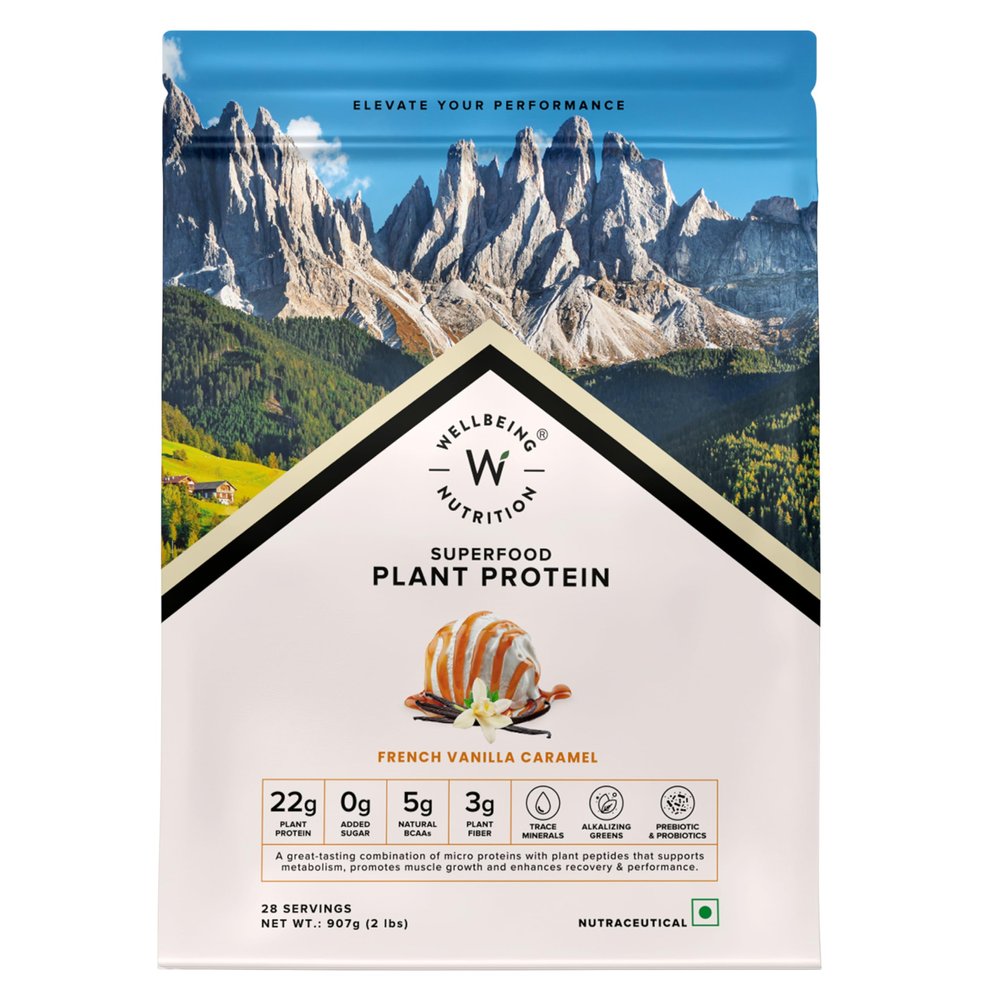 Wellbeing Nutrition Organic Vegan Plant Protein Isolate| 22g Protein, 5g BCAA, 3B CFU Probiotics, Digestive Enzyme, 3g Fiber, Alkalizing Green| NO Bloat, Easy to Digest| French Vanilla Caramel 907gm