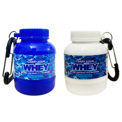 Amazing Whey loader Protein Carry Funnel Portable Protein Whey or Supplement Powder Combo Pack of 2 Carrying Whey Funnel and Container Box with Key-Chain Multicolor 30 ml, Plastic (Blue+White)