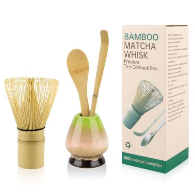4-Piece Matcha Tea Set  Traditional Japanese Matcha Kit with Bamboo Whisk, Scoop, Ceramic Whisk Holder & Sifter  Beautiful Kiln-Glazed Green Design