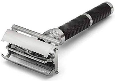 CHARMWAVES Men Double Edge Smooth Safety Shaving Razor 10 Cm Long Handle (Butterfly Open Mechanism, Abs Rubber Grip Plastic And Brass Body)