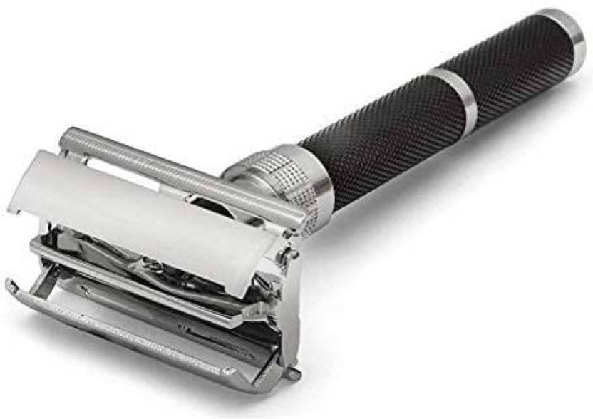 CHARMWAVES Men Double Edge Smooth Safety Shaving Razor 10 Cm Long Handle (Butterfly Open Mechanism, Abs Rubber Grip Plastic And Brass Body)