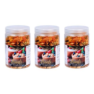 J J Crunch N Munch Muesli - 21% Fruits, Nuts & Seeds | 5 Grains | High in Vitamins (B1, B2, B3, B6, Folate) | Rich in Protein & Fiber | Healthy Multigrain Breakfast Cereal | Pack of 3 (250g Each)
