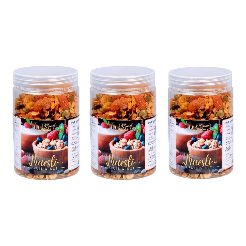 J J Crunch N Munch Muesli - 21% Fruits, Nuts & Seeds | 5 Grains | High in Vitamins (B1, B2, B3, B6, Folate) | Rich in Protein & Fiber | Healthy Multigrain Breakfast Cereal | Pack of 3 (250g Each)