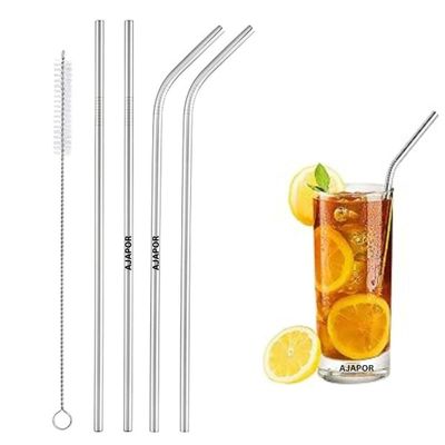 AJAPOR Stainless Steel Straws for Kids & Adults with Cleaning Brush, Reusable Metal Straws, Steel Straws for Drinking Juice and Tender Coconut (2 Bent + 2 Straight + 1 Brush)
