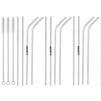 AJAPOR Stainless Steel Straws for Kids & Adults with Cleaning Brush, Reusable Metal Straws, Steel Straws for Drinking Juice and Tender Coconut (6 Bent + 6 Straight + 3 Brushes) 15 Pieces