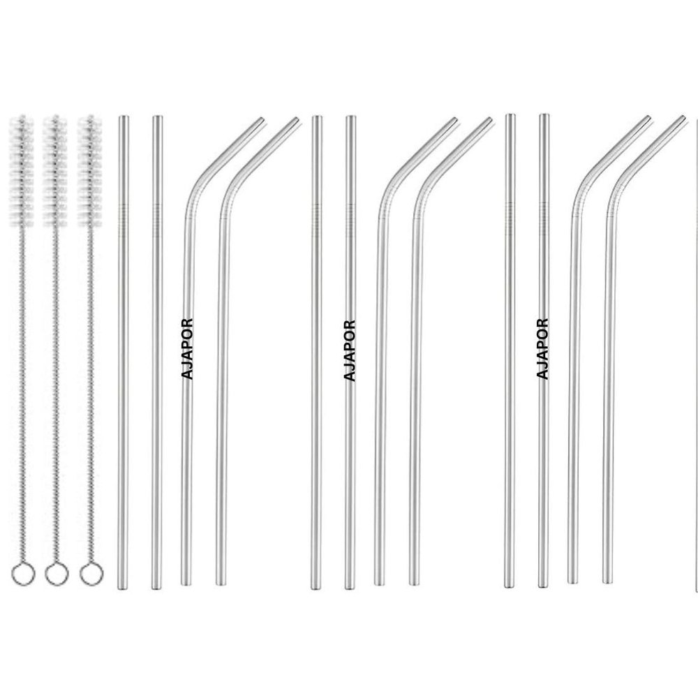 AJAPOR Stainless Steel Straws for Kids & Adults with Cleaning Brush, Reusable Metal Straws, Steel Straws for Drinking Juice and Tender Coconut (6 Bent + 6 Straight + 3 Brushes) 15 Pieces