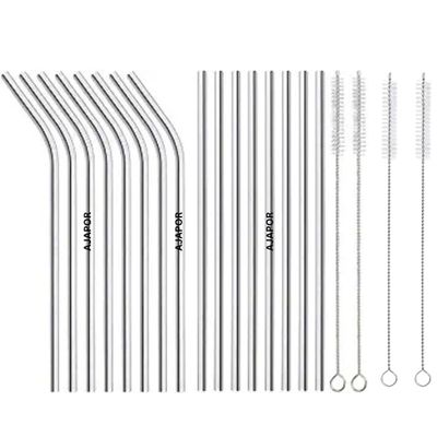 AJAPOR Stainless Steel Straws for Kids & Adults with Cleaning Brush, Reusable Metal Straws, Steel Straws for Drinking Juice and Tender Coconut (8 Bent + 8 Straight + 4 Brushes) 20 Pieces