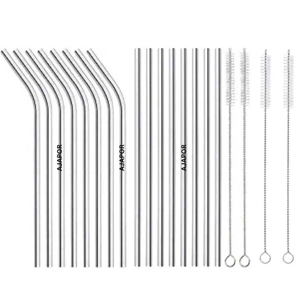 AJAPOR Stainless Steel Straws for Kids & Adults with Cleaning Brush, Reusable Metal Straws, Steel Straws for Drinking Juice and Tender Coconut (8 Bent + 8 Straight + 4 Brushes) 20 Pieces